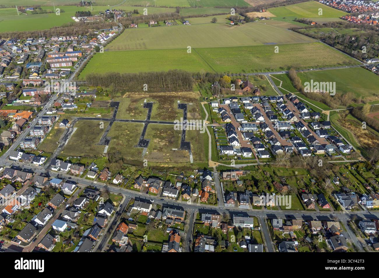 Luftaufnahme, Wohnpark Schulze-Everding, 2. Bauabschnitt, Neubaugebiet, Bockum-Hoevel, Hamm, Ruhrgebiet, Nordrhein-Westfalen Stockfoto