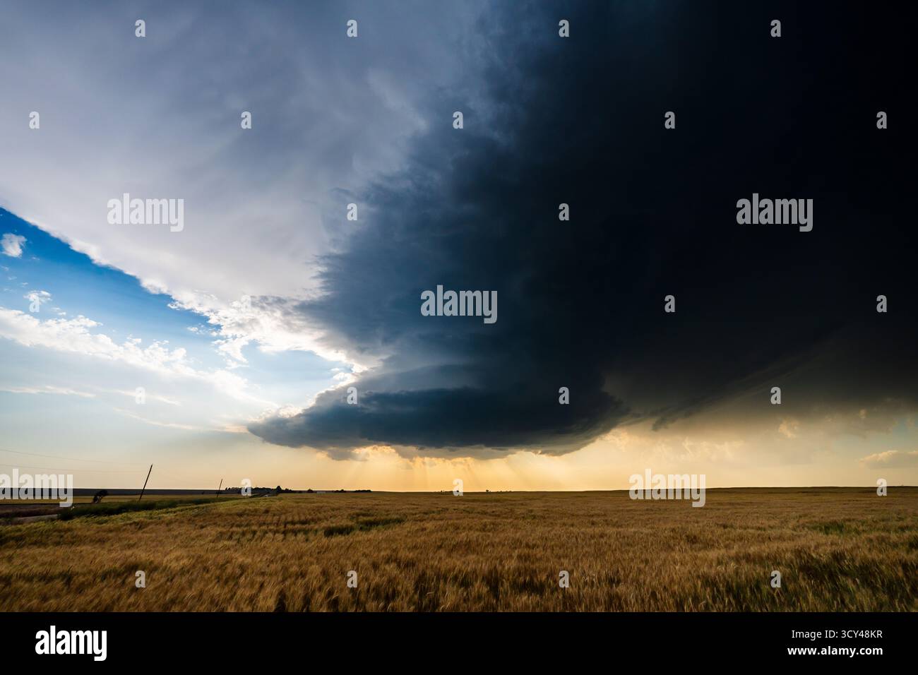 Ein epischer Superzellensturm verdunkelt den Himmel bei Sonnenuntergang und verbindet Schönheit in der Natur mit Gefahr, dramatischer Wolkenlandschaft, stimmungsvoller Atmosphäre, Schatten und Textur Stockfoto