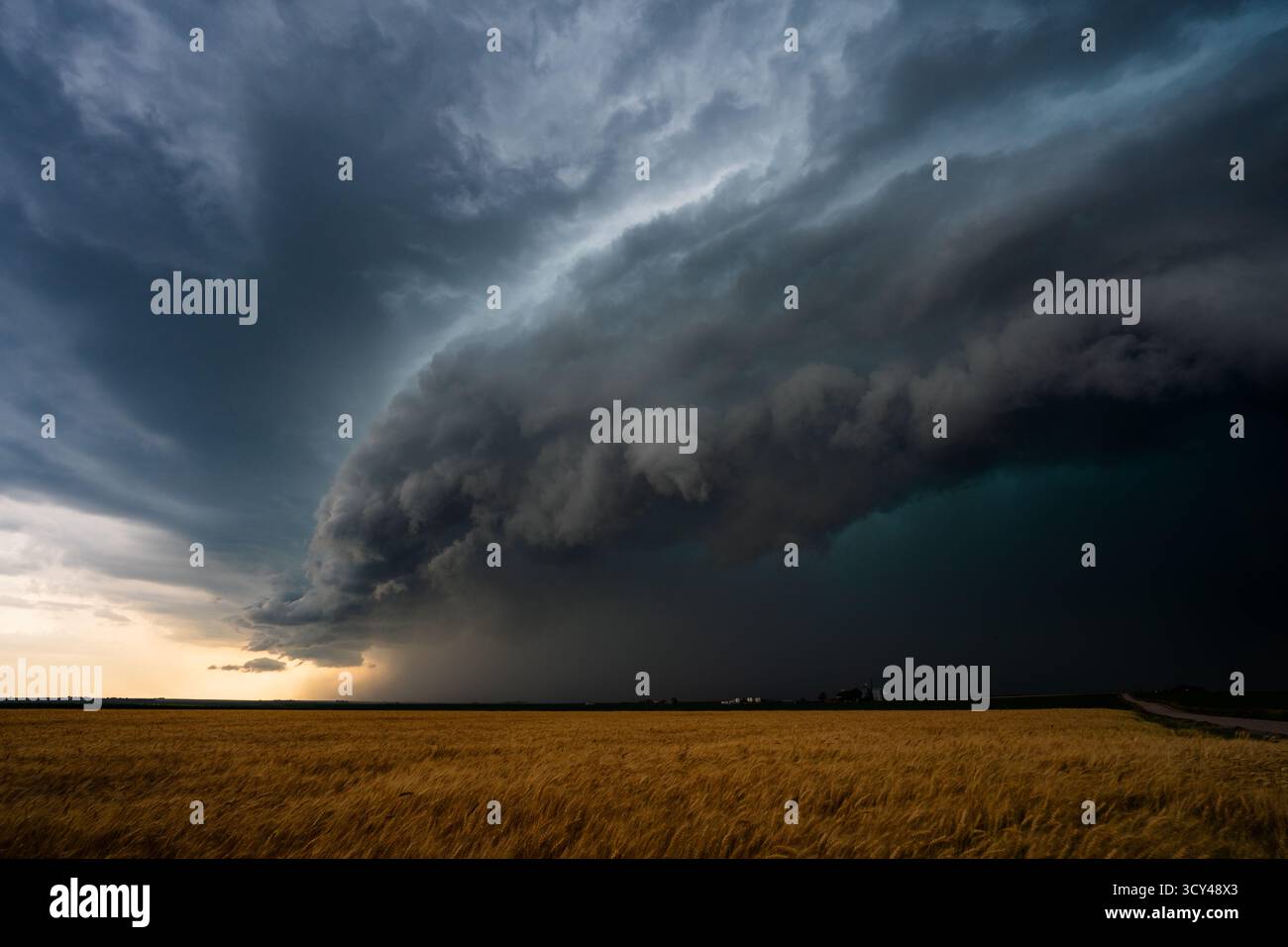 Gewaltige Gewitter überraschen über einer windgepeitschten Prärie, ihr dunkler, dramatischer Himmel voller Textur, stürmischer Schatten und epischer Schönheit in der Natur Stockfoto