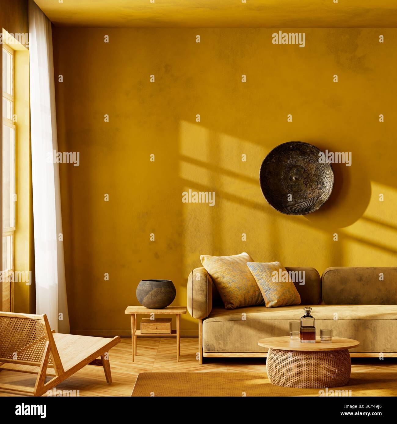 Warmes Boho-eklektisches Wohnzimmer mit gelben Wänden, künstlerischer Wanddekoration, gemütlichem Sofa und natürlichen Texturen schaffen eine lebendige und einladende Atmosphäre. 3D Stockfoto