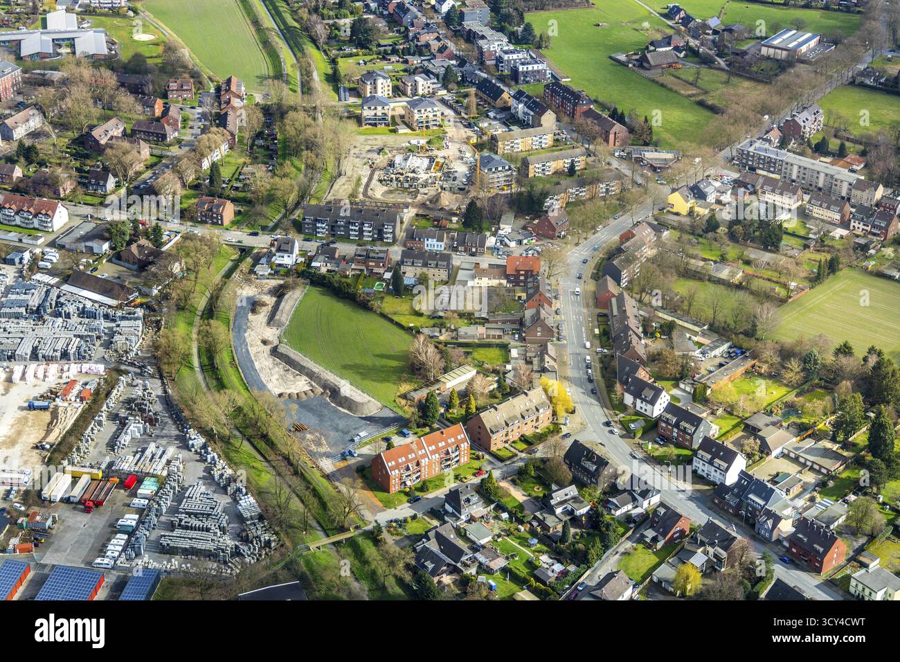 Luftaufnahme, Brachfeld am Wehrgraben, Baustelle Schwarze Heide, Basamentwerk Boecke, Sterkrade, Oberhausen, Ruhrgebiet, Nordrhein-Westfalen Stockfoto
