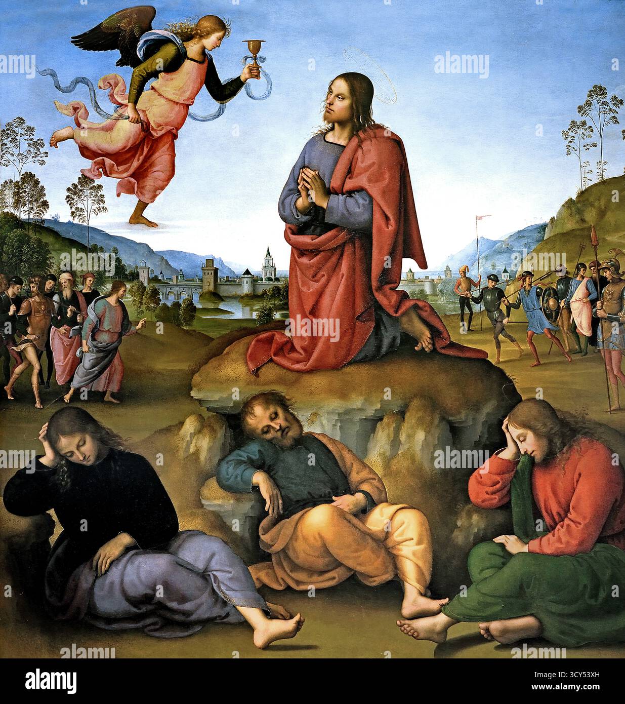 Die Qual in den Garten 1492 Pietro Perugino 1446/1452 – 1523 geboren Pietro Vannucci, italienischer Renaissance-Maler der umbrischen Schule, Italien (Christus ist dargestellt in der Mitte des Paneels über einen klaren Himmel im Garten von Gethsemane kniend und empfangen von einem Engel einen göttlichen Kelch. Seine Gestalt bildet ein Dreieck mit drei schlafenden Apostel am unteren (v.l., John, Petrus und Jakobus); das Dreieck ist durch die Symmetrielinie der Hügel mit der Malerei Seiten verbunden. Hinter Jesus ist eine Seenlandschaft, ein typisches Element der italienischen Malerei zur Zeit mit einer befestigten Stadt Stockfoto