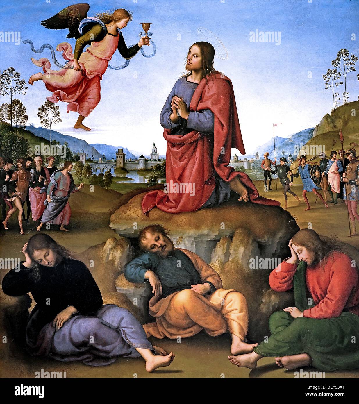 Die Qual in den Garten 1492 Pietro Perugino 1446/1452 – 1523 geboren Pietro Vannucci, italienischer Renaissance-Maler der umbrischen Schule, Italien (Christus ist dargestellt in der Mitte des Paneels über einen klaren Himmel im Garten von Gethsemane kniend und empfangen von einem Engel einen göttlichen Kelch. Seine Gestalt bildet ein Dreieck mit drei schlafenden Apostel am unteren (v.l., John, Petrus und Jakobus); das Dreieck ist durch die Symmetrielinie der Hügel mit der Malerei Seiten verbunden. Hinter Jesus ist eine Seenlandschaft, ein typisches Element der italienischen Malerei zur Zeit mit einer befestigten Stadt Stockfoto