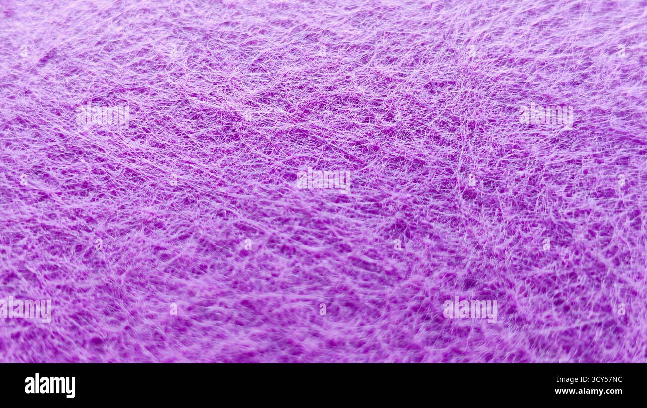 Lebendiger, violetter, nicht gewebter synthetischer Scheuerschwamm Texturhintergrund mit verwickelten Fasern, ideal für Reinigung, abstrakte oder Bastelkonzepte. Stockfoto