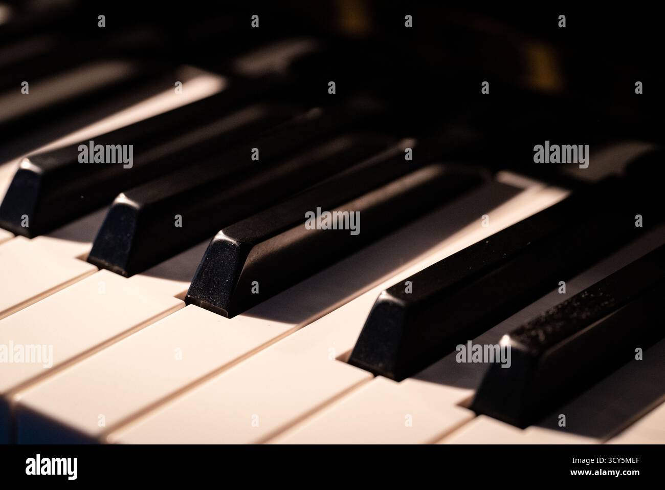 Nahaufnahme der Klaviertasten bei warmer Beleuchtung, die den eleganten Kontrast der schwarzen und weißen Tasten zeigt. Ideal für Musik, Kunst, Kreativität und Klassik Stockfoto