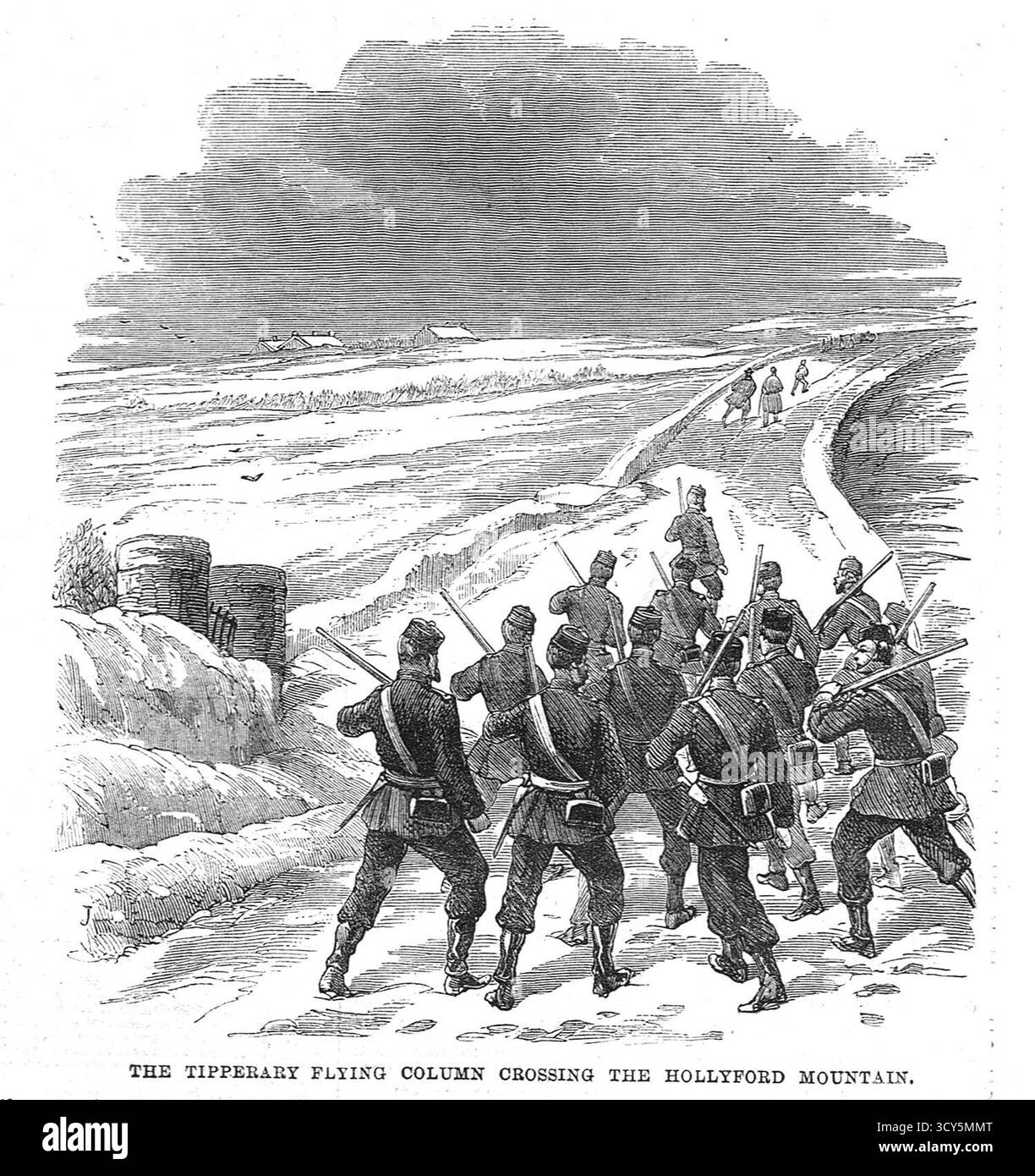 Die Verfolgung der Fenianer in Tipperary, Irland, die Tipperary fliegende Kolonne, die den Hollyford Mountain überquerte, nach dem Fenian Rising, 1867 Stockfoto