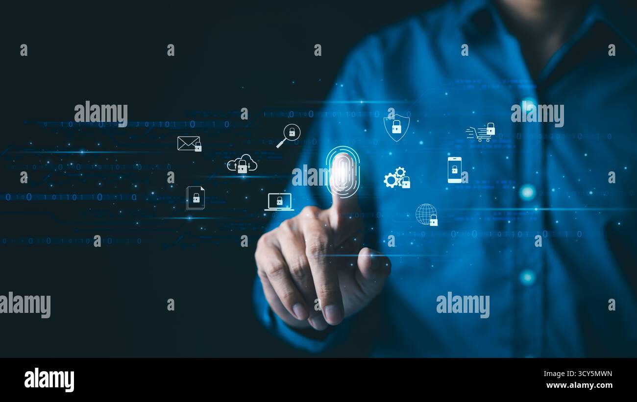 Futuristisches Konzept der biometrischen Authentifizierungstechnologie. Der Mann berührt einen Fingerabdruck-Scan mit Symbolen für sicheren Zugriff, Datenschutz und Netzwerk-Cybe Stockfoto