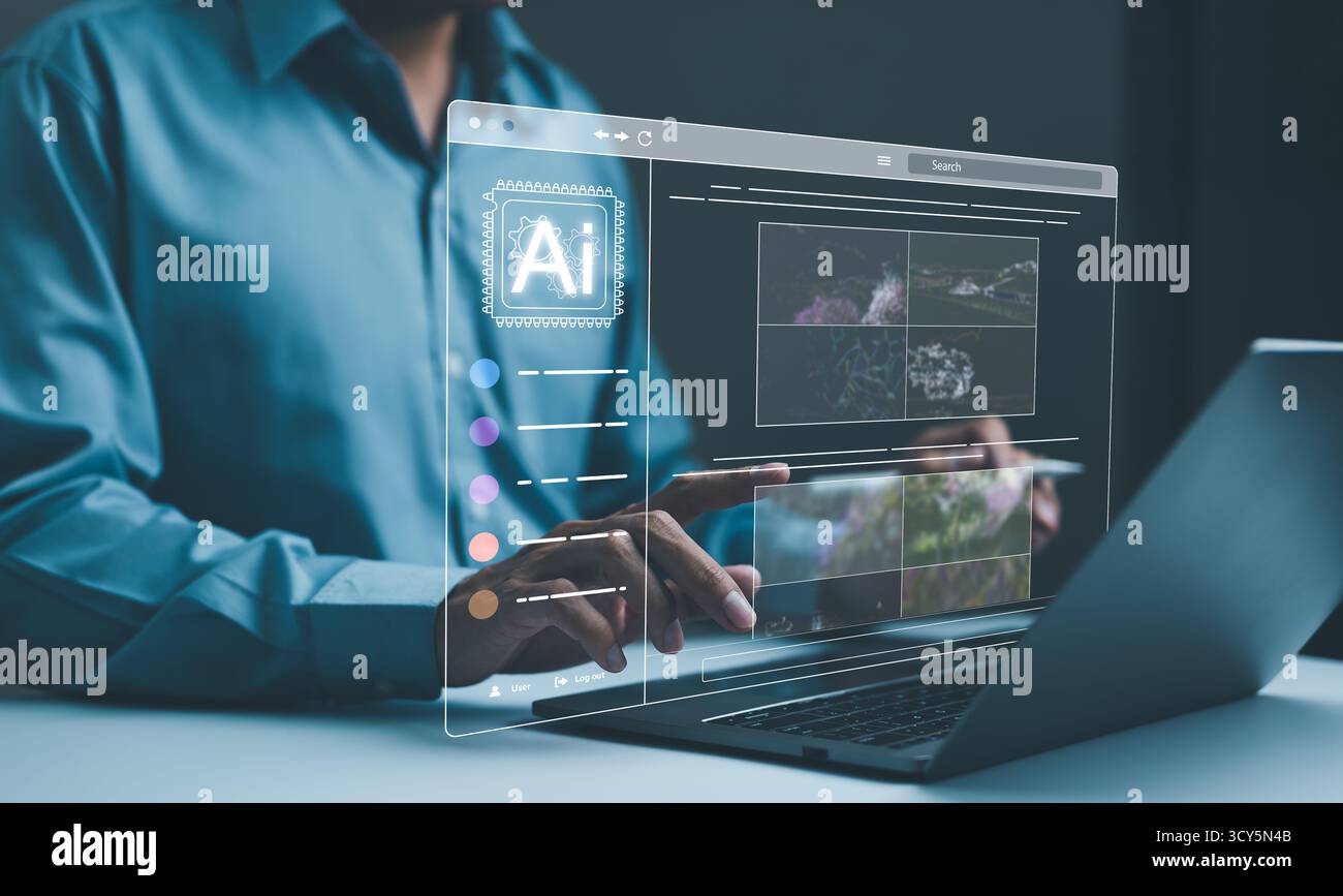 KI-Bilderstellungstechnologie. Man verwendet KI-Software auf einem Laptop, um Bilder zu generieren, die eine futuristische Benutzeroberfläche darstellen. Bildschirm mit visueller Aufforderung. I Stockfoto