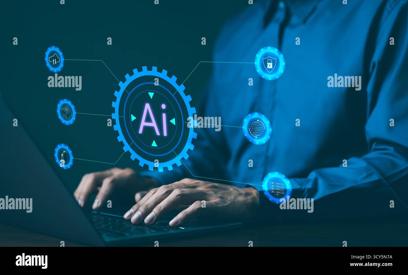 KI, Technologie-Konzept der künstlichen Intelligenz. Professioneller Geschäftsmann, der mit einer konzeptionellen Schnittstelle für künstliche Intelligenz (KI) arbeitet, umgeben Stockfoto