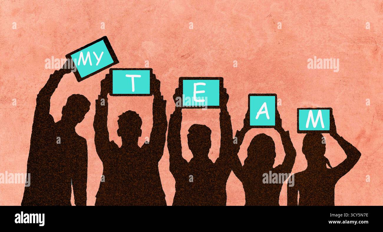 Ein Business-Team nutzt die Gerüche ihrer Computer-Tablets, um ihre Zweisamkeit und ihren Foccus in einer graziösen Aquarellillustration zu zeigen. Stockfoto