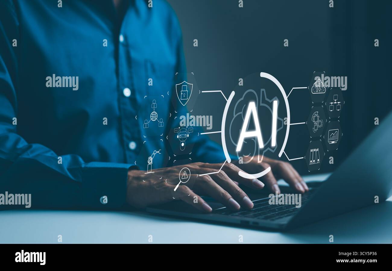 Technologiekonzept künstlicher Intelligenz. Ein Technologieexperte interagiert mit Symbolen, die verschiedene Aspekte der künstlichen Intelligenz darstellen o Stockfoto
