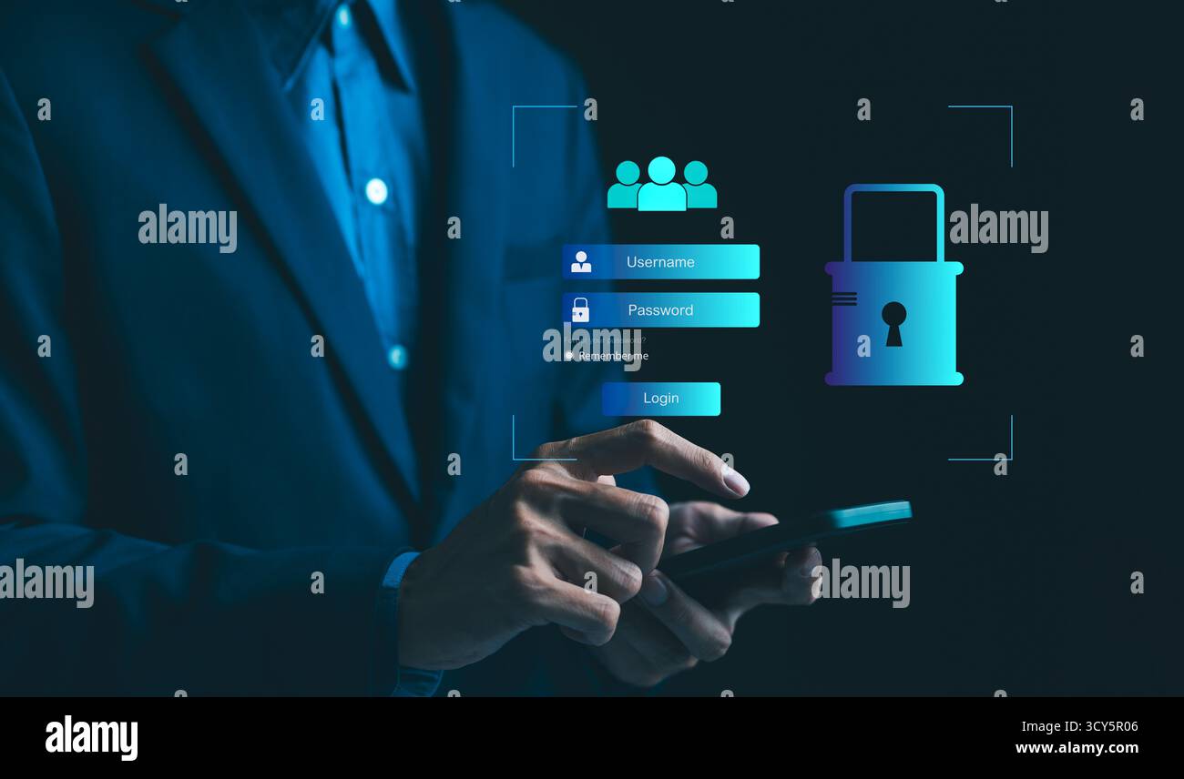 Cybersicherheitskonzept. Geben Sie den Benutzernamen und das Kennwort für den Zugriff auf persönliche Informationen ein. Schutz von Daten und sicherer Internetzugang, Stockfoto
