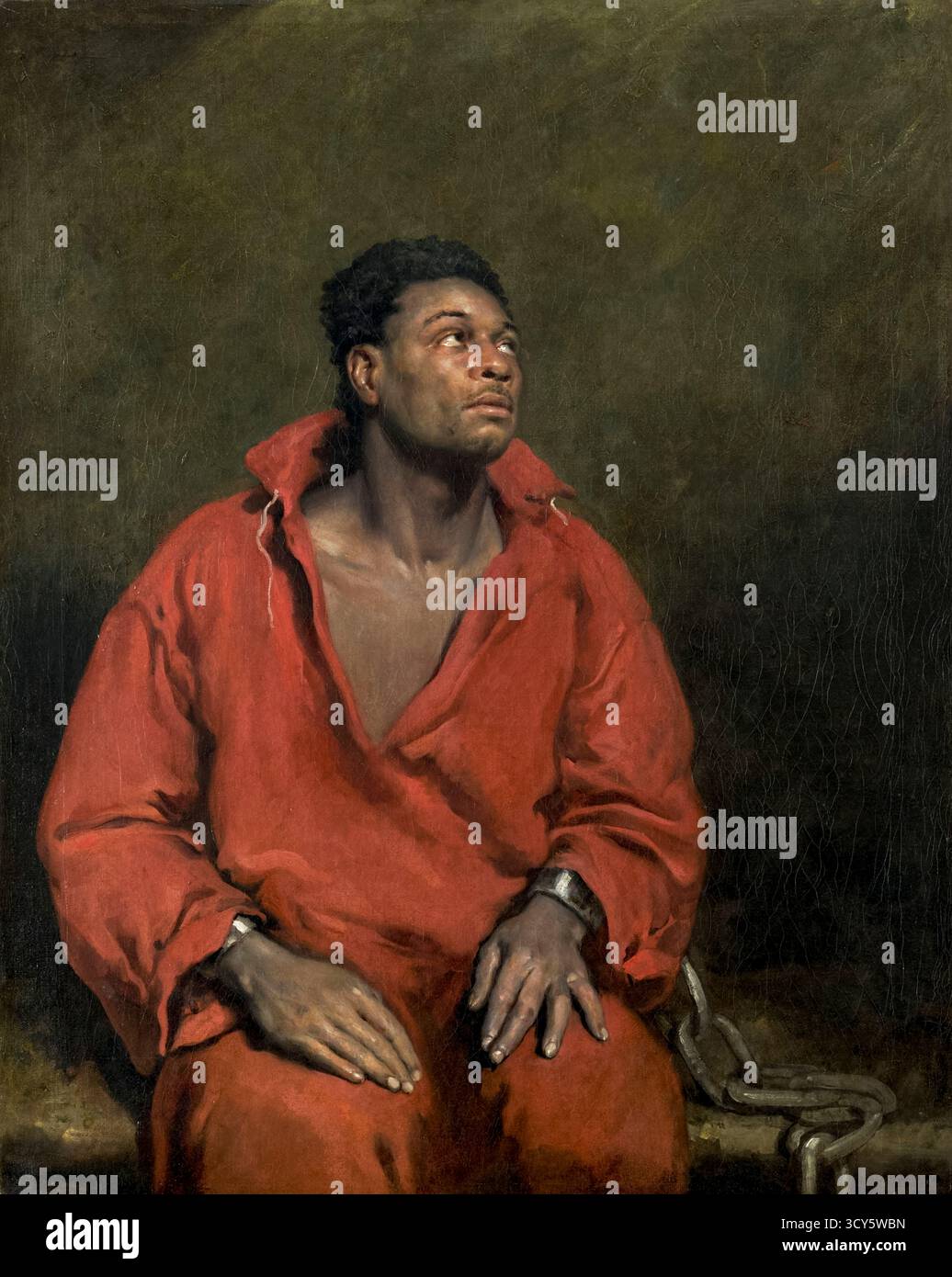 Das Gemälde „The Captive Slave“ von 1827 des englischen Künstlers John Philip Simpson (1782-1847) zeigt Ira Aldridge (1807-1867), den Pionier-afroamerikanischen Shakespeare-Schauspieler, dargestellt in Ketten und Gefängnisgewand, und blickt in einer Weise nach dem Himmel, die die Konventionen von Heiligen und Märtyrern widerspiegelt. Das Werk, das als machtvolle Erklärung der Abolitionismus gemalt und in der Royal Academy in London während der Inbrunst der Anti-Sklaverei-Bewegung ausgestellt wurde, zielte darauf ab, Empathie zu wecken und die Unmenschlichkeit der Sklaverei hervorzuheben. Quelle: Universal Art Archive / Art Institute of Chicago Stockfoto Das Gemälde „The Captive Slave“ von 1827 des englischen Künstlers John Philip Simpson (1782-1847) zeigt Ira Aldridge (1807-1867), den Pionier-afroamerikanischen Shakespeare-Schauspieler, dargestellt in Ketten und Gefängnisgewand, und blickt in einer Weise nach dem Himmel, die die Konventionen von Heiligen und Märtyrern widerspiegelt. Das Werk, das als machtvolle Erklärung der Abolitionismus gemalt und in der Royal Academy in London während der Inbrunst der Anti-Sklaverei-Bewegung ausgestellt wurde, zielte darauf ab, Empathie zu wecken und die Unmenschlichkeit der Sklaverei hervorzuheben. Quelle: Universal Art Archive / Art Institute of Chicago Stockfoto