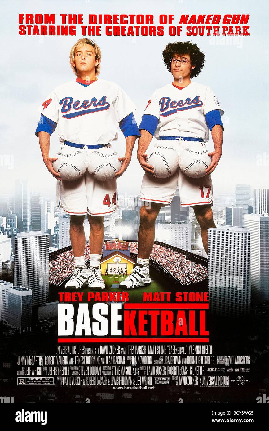 Baseketball (1998) unter der Regie von David Zucker mit Trey Parker, Matt Stone und Dian Bachar. Zwei Jugendfreunde erfinden eine Sportart, die Baseball und Basketball miteinander verbindet und sich im Kampf gegen einen betrügerischen Geschäftsmann berühmt macht. Foto eines Original-Posters aus dem Jahr 1998 (USA), das NUR FÜR REDAKTIONELLE ZWECKE VERWENDET WIRD. Quelle: BFA / Universal Pictures Stockfoto