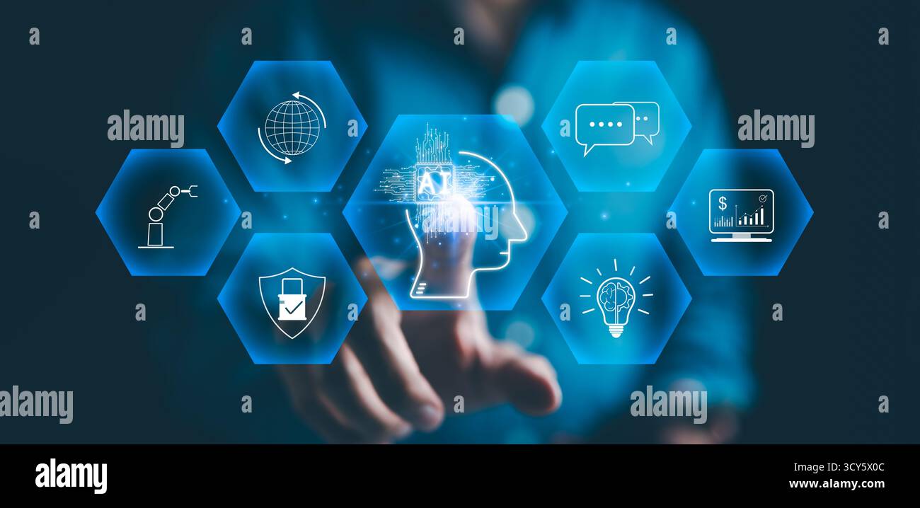 KI, Künstliche Intelligenz Konzept. Geschäftsmann, der mit digitalen Ikonen interagiert, die künstliche Intelligenz, Technologie und Innovation repräsentieren, Stockfoto