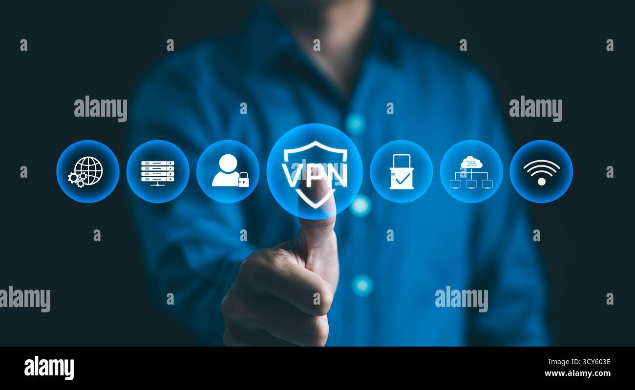 VPN, Virtual Private Network Encryption Connection Concept. Eine Person mit VPN-bezogenen Technologiesymbolen, Verschlüsselung, Server und Wi-Fi, die virtuell sicher ist Stockfoto