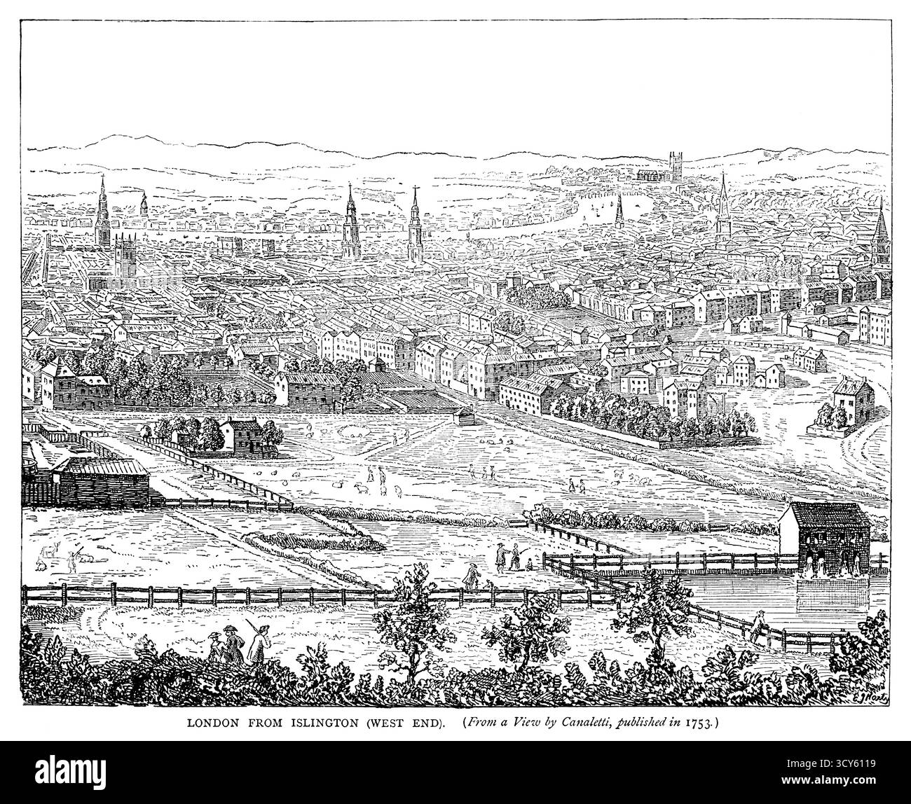 Ein Kupferstich aus dem 19. Jahrhundert, der einen erhöhten Blick auf London von Islington in Richtung West End zeigt, basierend auf einer Zeichnung von Canaletto aus dem Jahr 1753. Es umfasst zahlreiche Kirchtürme, die ferne Themse und offene Felder. Stockfoto