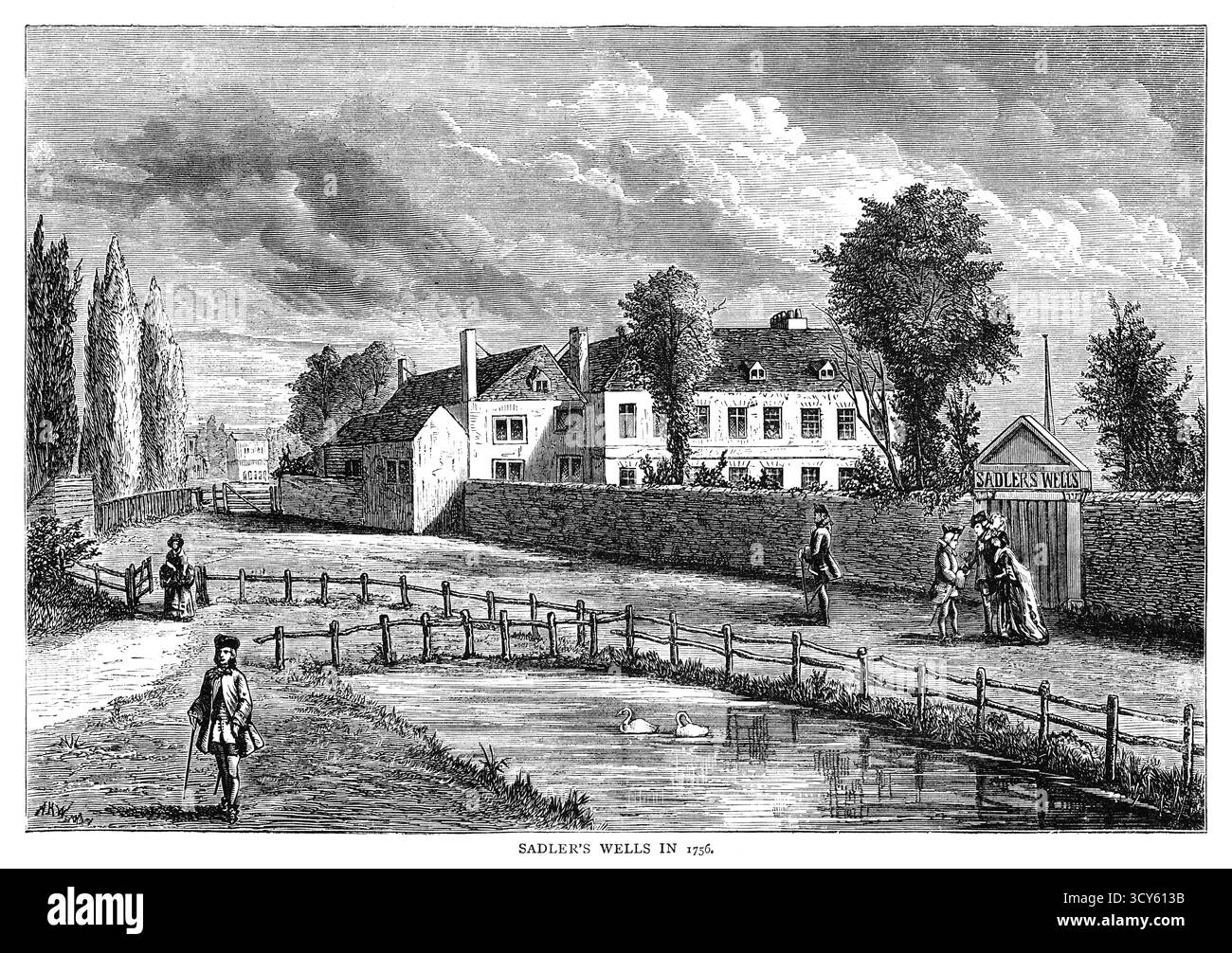 Stich von Saddler’s Wells aus dem 19. Jahrhundert im Jahr 1756. Es war eine ländliche Umgebung außerhalb der Londoner Innenstadt, in der ein Musikhaus um eine Mineralquelle gebaut wurde, die 1683 von Richard Sadler entdeckt wurde. Bis 1756 bot das Musikhaus eine Vielzahl von Unterhaltung, wie Jongleure, Tumbler und Ropedancer, zusammen mit den vermeintlichen heilenden Eigenschaften des Mineralwassers. Stockfoto
