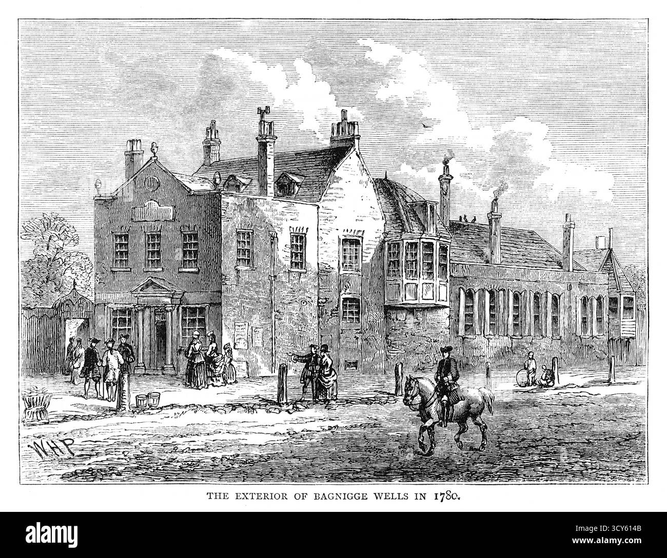 Stich des Äußeren der Bagnigge Wells aus dem 19. Jahrhundert um 1780. Bagnigge Wells war ein beliebter Spa- und Vergnügungsgarten in London, berühmt für seine Mineralquellen und lebhafte Atmosphäre. In den 1750er Jahren wurde es ein beliebter Ort für die Mittelschicht, um sich zu unterhalten, Tee zu trinken und durch die Ziergärten entlang der River Fleet zu schlendern. Stockfoto