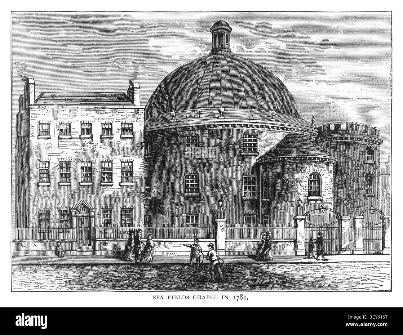 Stich des Äußeren der Spa Fields Chapel in London aus dem 19. Jahrhundert, um 1781. Es war ein Ort sowohl religiöser als auch skandalöser Aktivitäten, da es 1779 in eine methodistische Kapelle umgewandelt wurde, während der angrenzende Garten als sehr erfolgreicher, aber überfüllter Grabplatz eröffnet wurde. Die Kapelle wurde von der Countess of Huntingdon auf dem Gelände der ehemaligen Teestuben des Pantheon erbaut. Als die Grabstätte überfüllt wurde, wurden Leichen desintert und verbrannt, um Platz für neue Grabstätten zu schaffen. Es wurde schließlich in den 1850er Jahren geschlossen Die Rundkapelle, einst Pantheon, wurde 1886 abgerissen Stockfoto