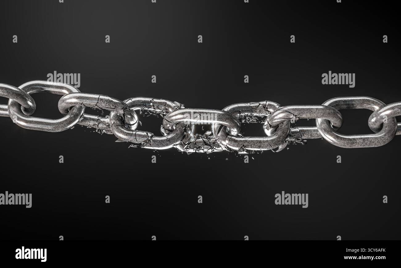 3D-Metallkette bricht, symbolisiert Stärke, Schwäche Stockfoto