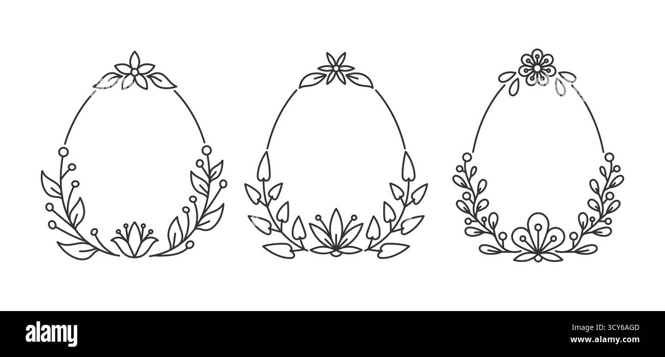 Drei eiförmige lineare Rahmen, die mit floralen Elementen als Zweige verziert sind, Blätter Zweige blühen Blüten. Einfarbige schwarze Umrandung. Feine Tintenkontur, elegantes natürliches botanisches Ornament Stock Vektor
