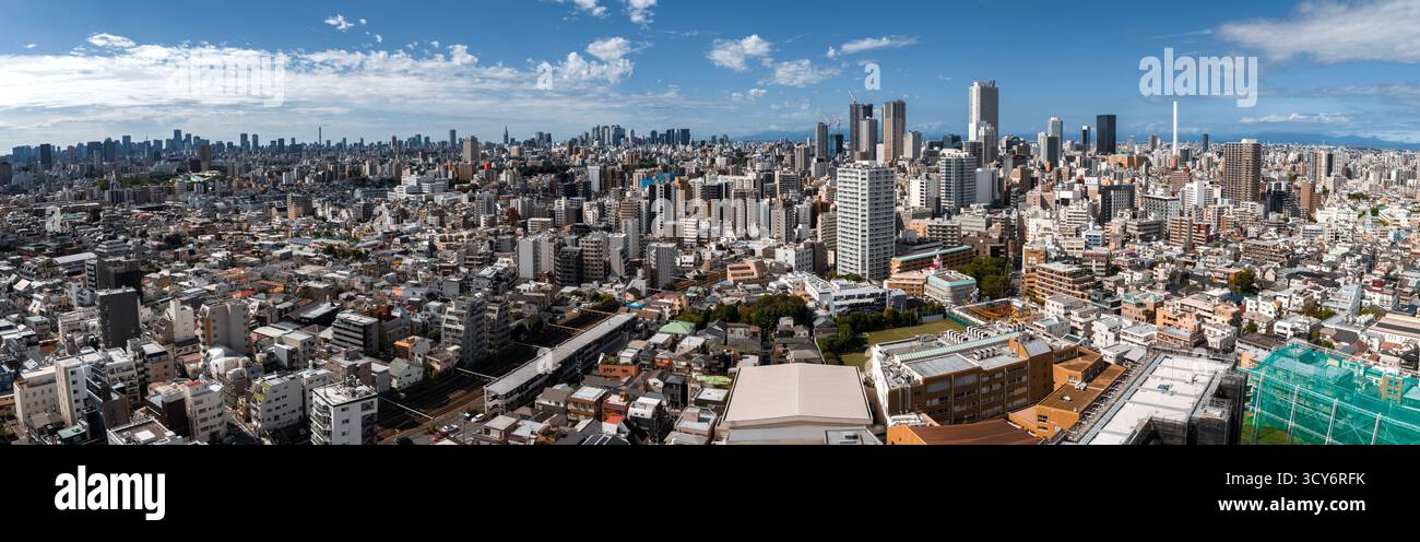 Luftpanorama von Tokio mit Skytree und entfernter Skyline von Shinjuku Stockfoto