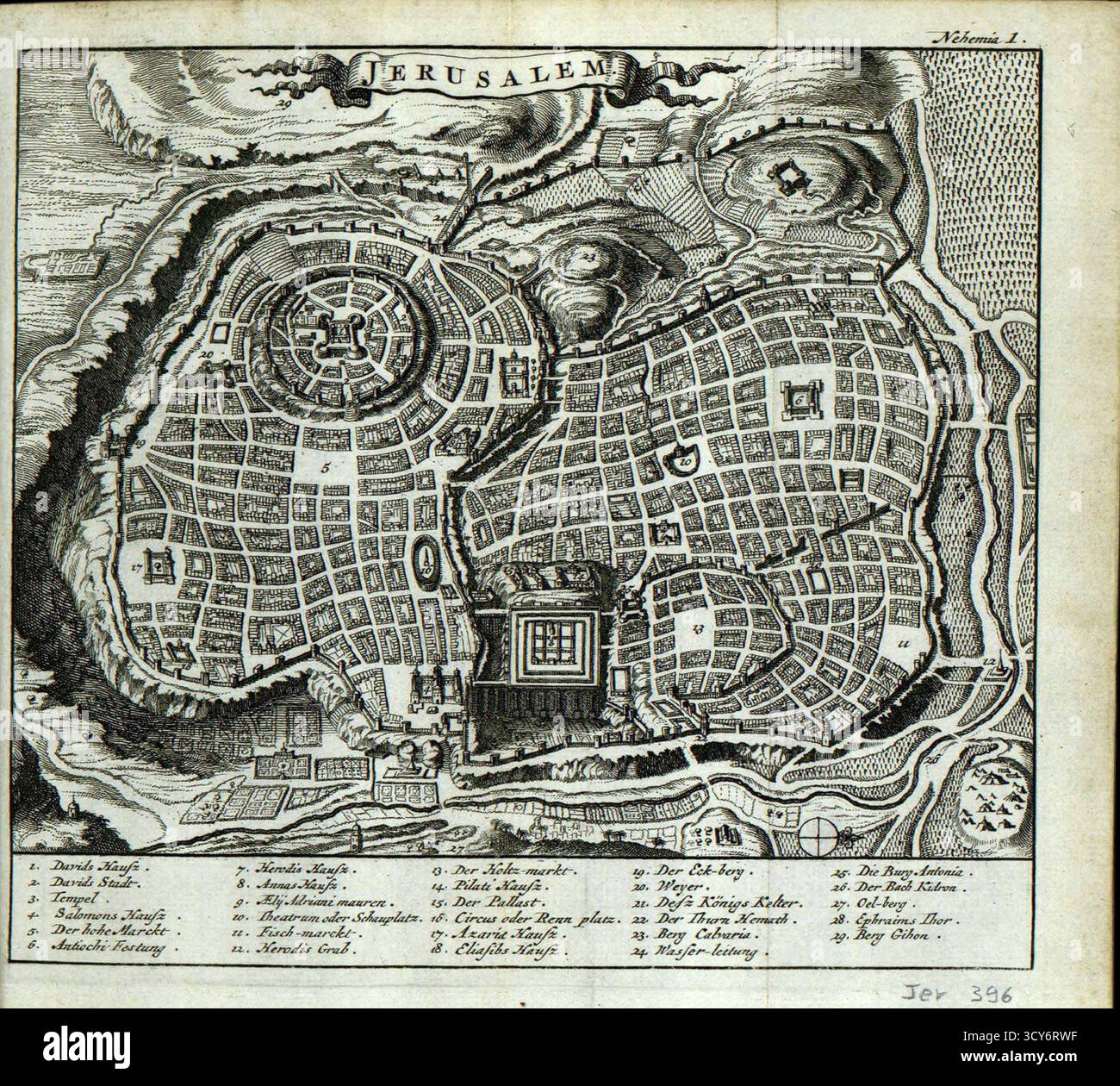 JERUSALEM - 3. März 2025 - Vintage kartographische Darstellung von Jerusalems architektonischem Layout, ummauertem Umkreis und regionaler Topographie aus EA Stockfoto