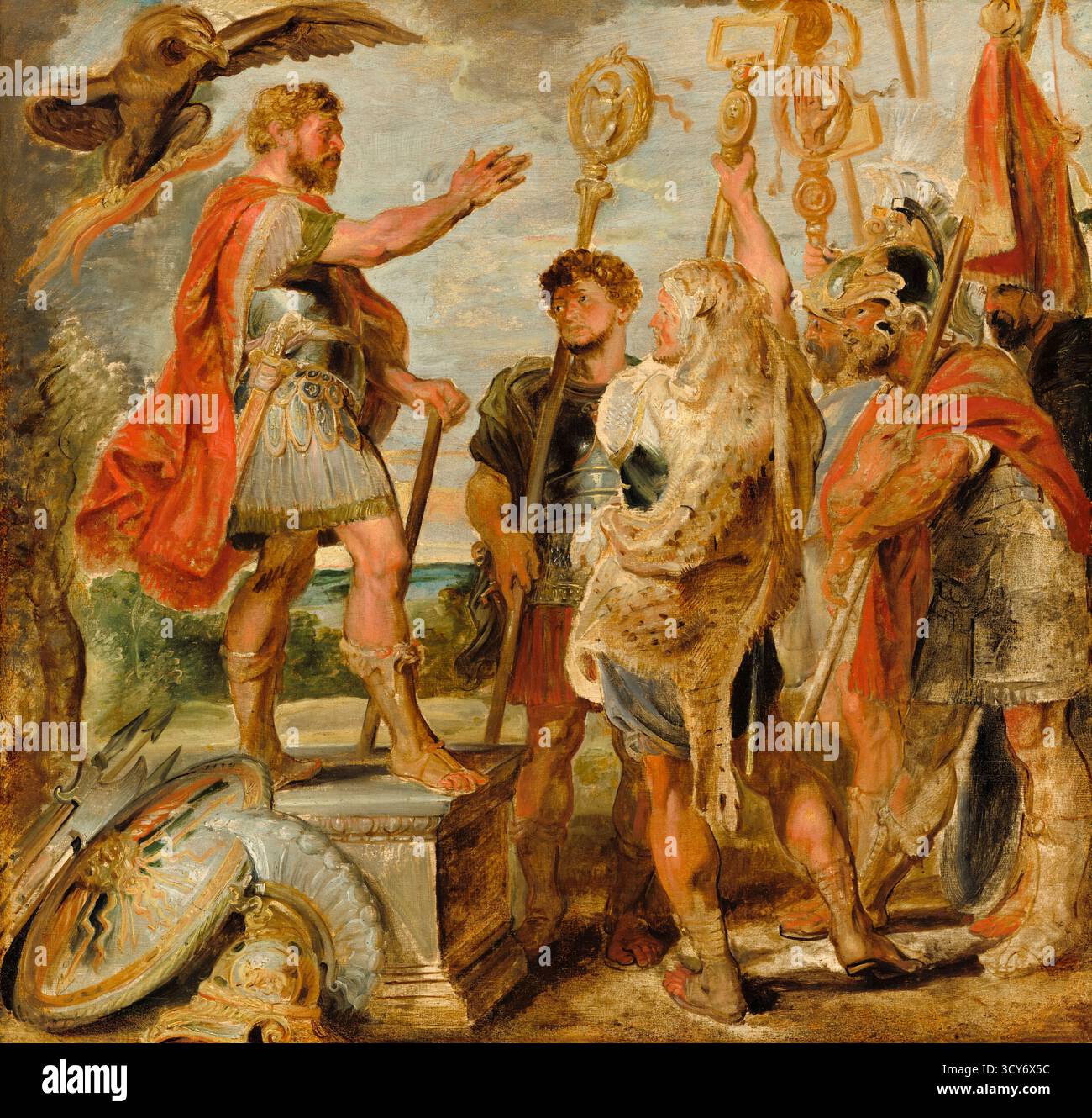 Decius Mus adressiert die Legionen um 1616 Gemälde des flämischen Künstlers Sir Peter Paul Rubens (1577–1640), das den römischen Konsul Decius Mus auf einer Steinplattform zeigt, während er seine aufmerksamen Legionen anspricht, umgeben von Standardträgern, die Adler, SPQR und Legionärstandards halten. Stockfoto