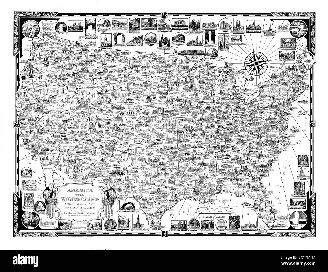 America the Wonderland - Bildkarte der Vereinigten Staaten - Vintage-Karte mit Illustrationen, Wahrzeichen und ikonischen Merkmalen Stockfoto