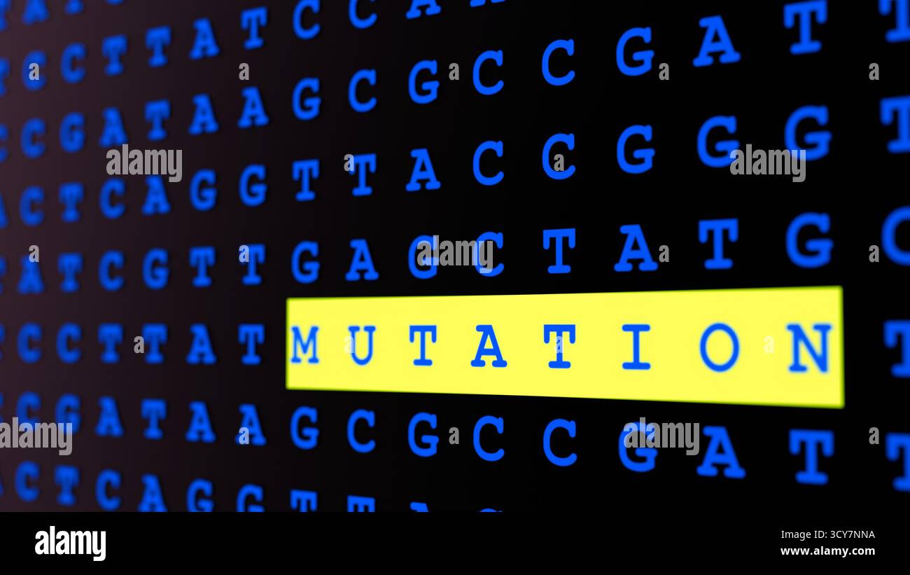 Eine 3D-Abbildung zeigt eine genetische Mutation innerhalb einer DNA-Sequenz. Das Wort „MUTATION“ wird in einem leuchtenden rechteckigen Feld vor dem Hintergrund von REP hervorgehoben Stockfoto