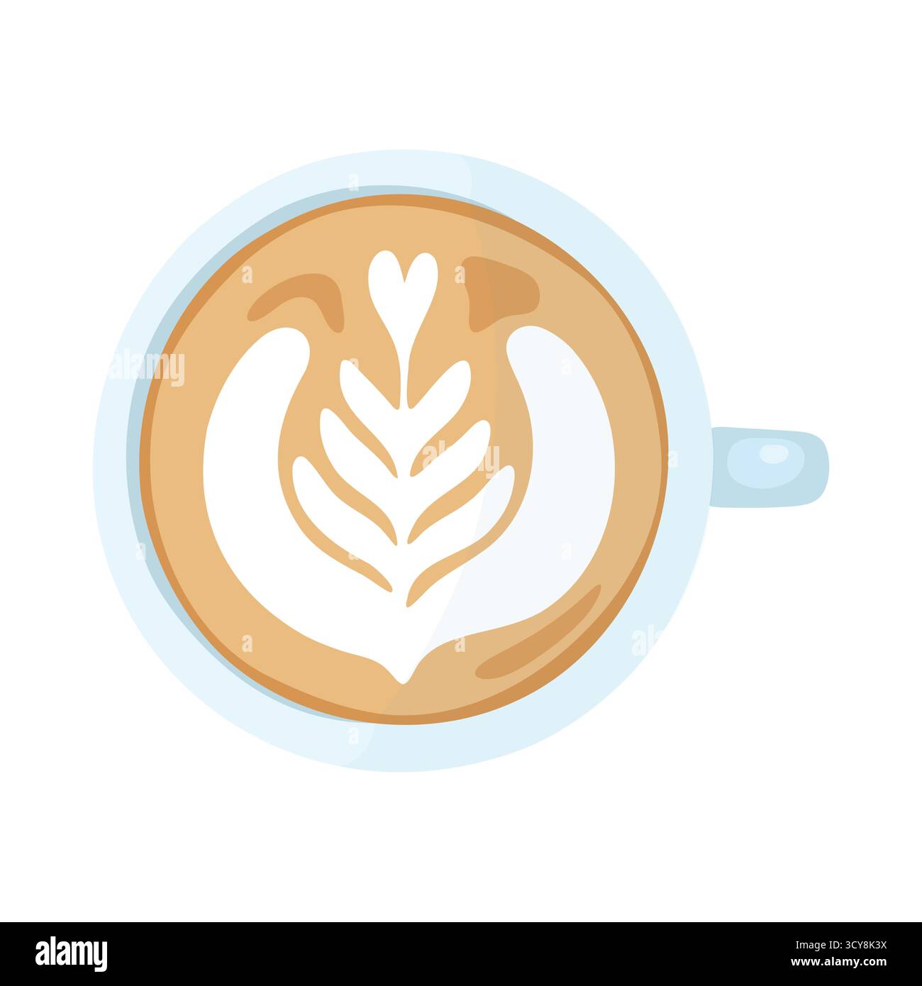 Elegante Latte Art in blattartigen rosetta-Mustern. Hellblaue Tasse verleiht Charme. Ideal für Barista-Schulungen, Café-Branding oder Lifestyle-Grafiken, auf die sich der Schwerpunkt konzentriert Stock Vektor