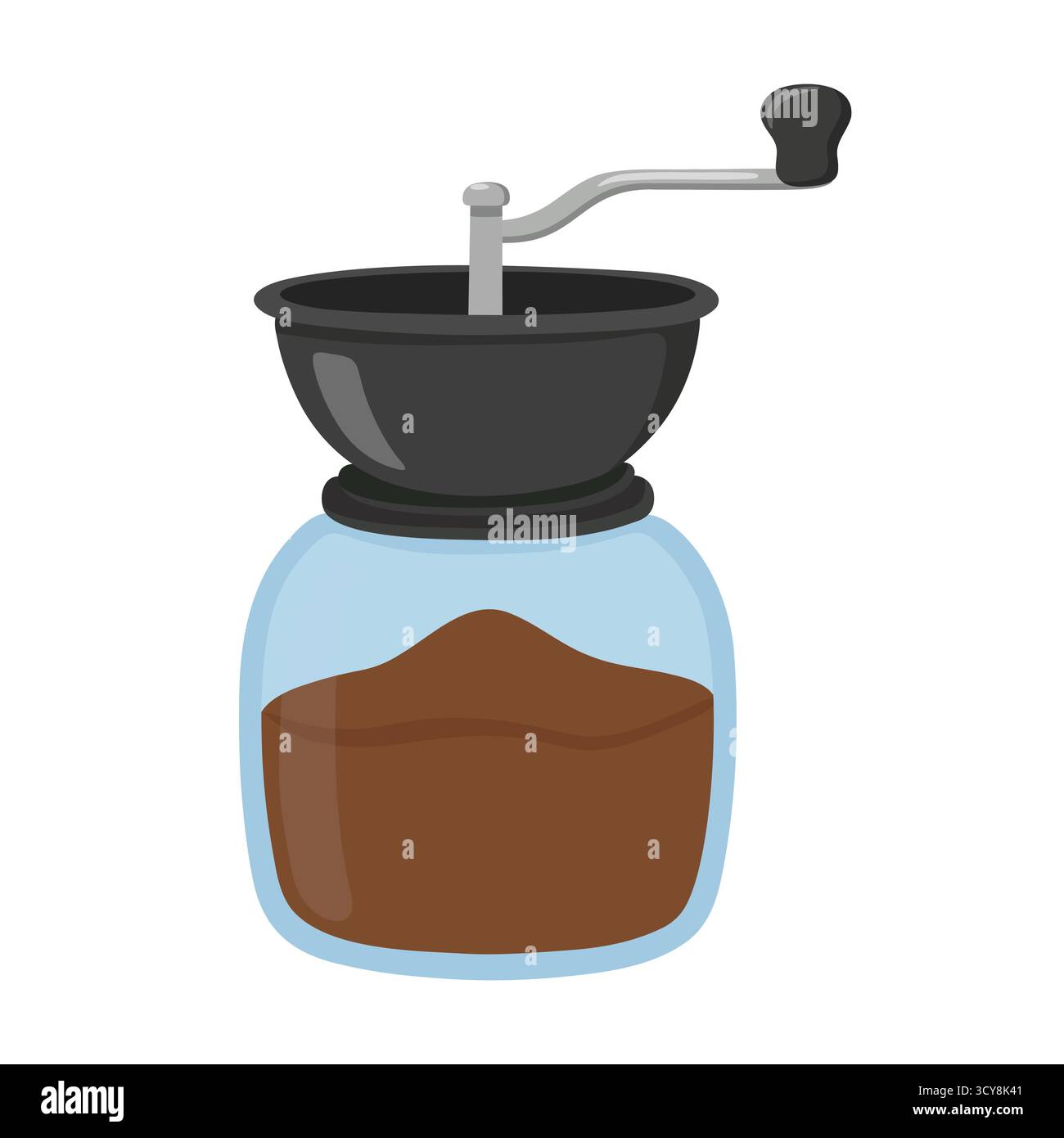Klassische Handschleifmaschine mit schwarzer Schüssel und Kurbel. Gemahlener Kaffee in der Basis sichtbar. Ideal für handwerkliches Brühen, langsame Kaffeekultur oder Retro-Motive Stock Vektor