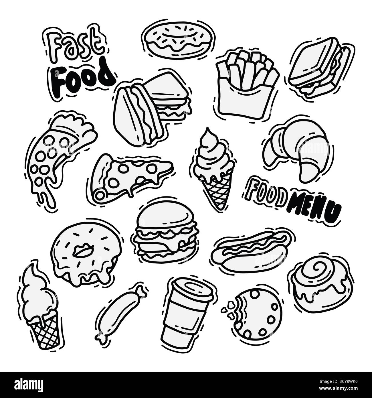 Schwarz-weiße Fast Food-Symbole wie Pizza, Burger, Pommes und mehr – Vektor-Illustration Stockfoto