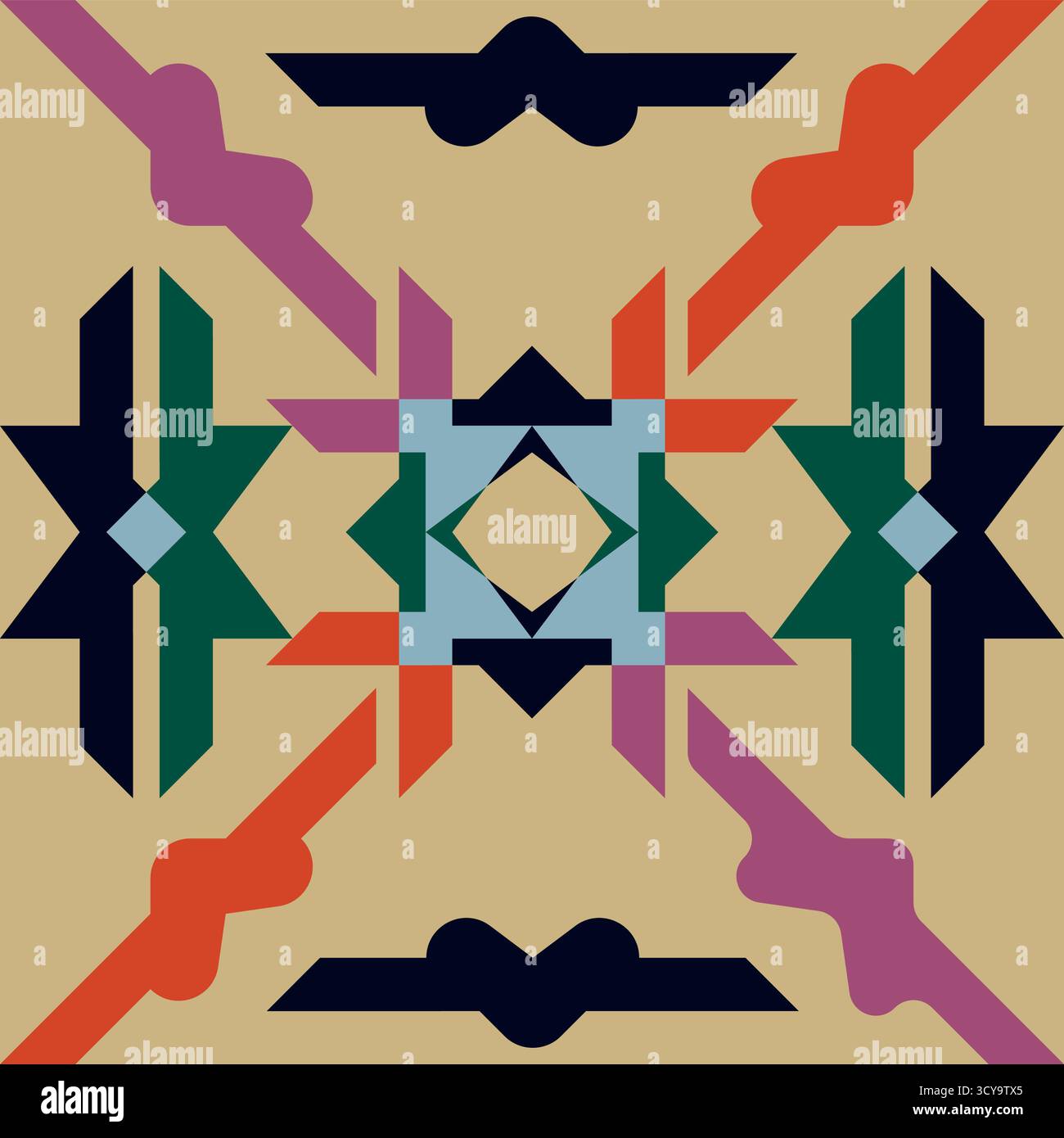 Dieses nahtlose Vektor-Muster zeigt auffällige geometrische Pfeile, Knoten und sternähnliche Diamanten in leuchtendem Rot, Lila, Grün, Cyan, Schwarz, und Orange auf einem Stockfoto