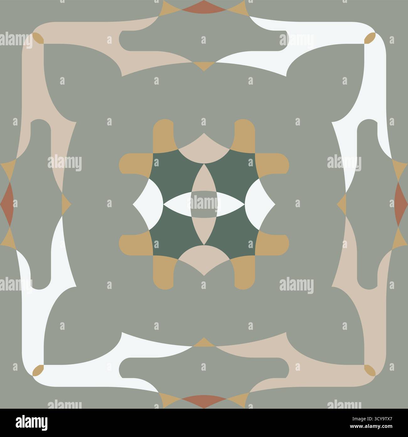 Dieses nahtlose Vektor-Muster zeigt abstrakte Blatt- und Blütenblätter-Formen in weichem Beige, Olivgrün, Senfgelb und Korallenakzenten, die ein Symmetri bilden Stockfoto