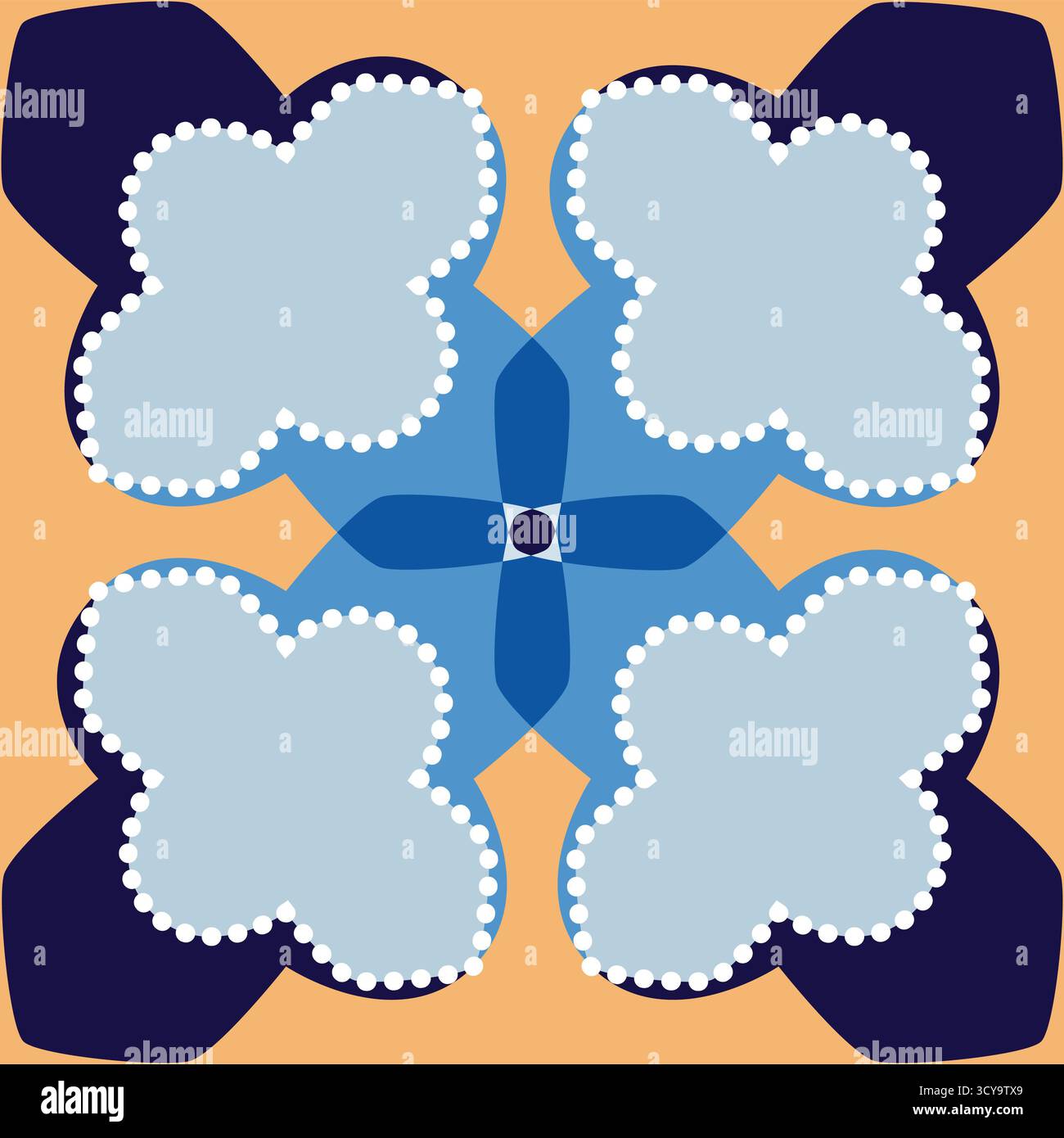 Dieses nahtlose Vektormuster verfügt über symmetrische blaue Klee- oder Wolkenformen mit weißen gepunkteten Rändern und dunkelblauen Basen, zentriert auf einem warmen Orange Stockfoto