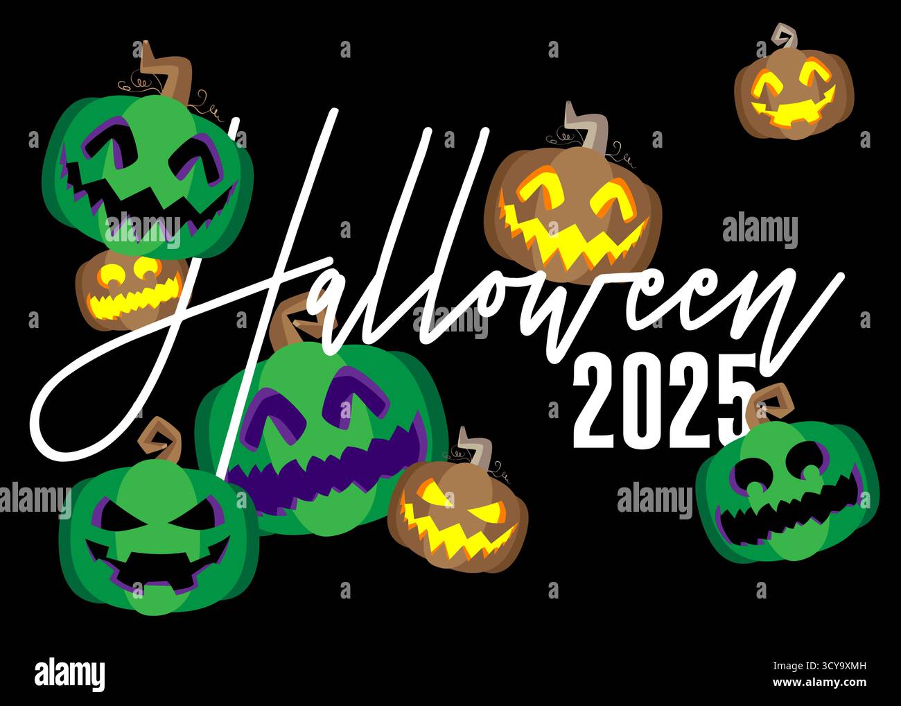 Halloween-Poster 2025. Banner-Vorlage für die Veranstaltung im Oktober. Design mit Kürbis und Text. Social-Media-Post für Einladung, Cover. Stock Vektor