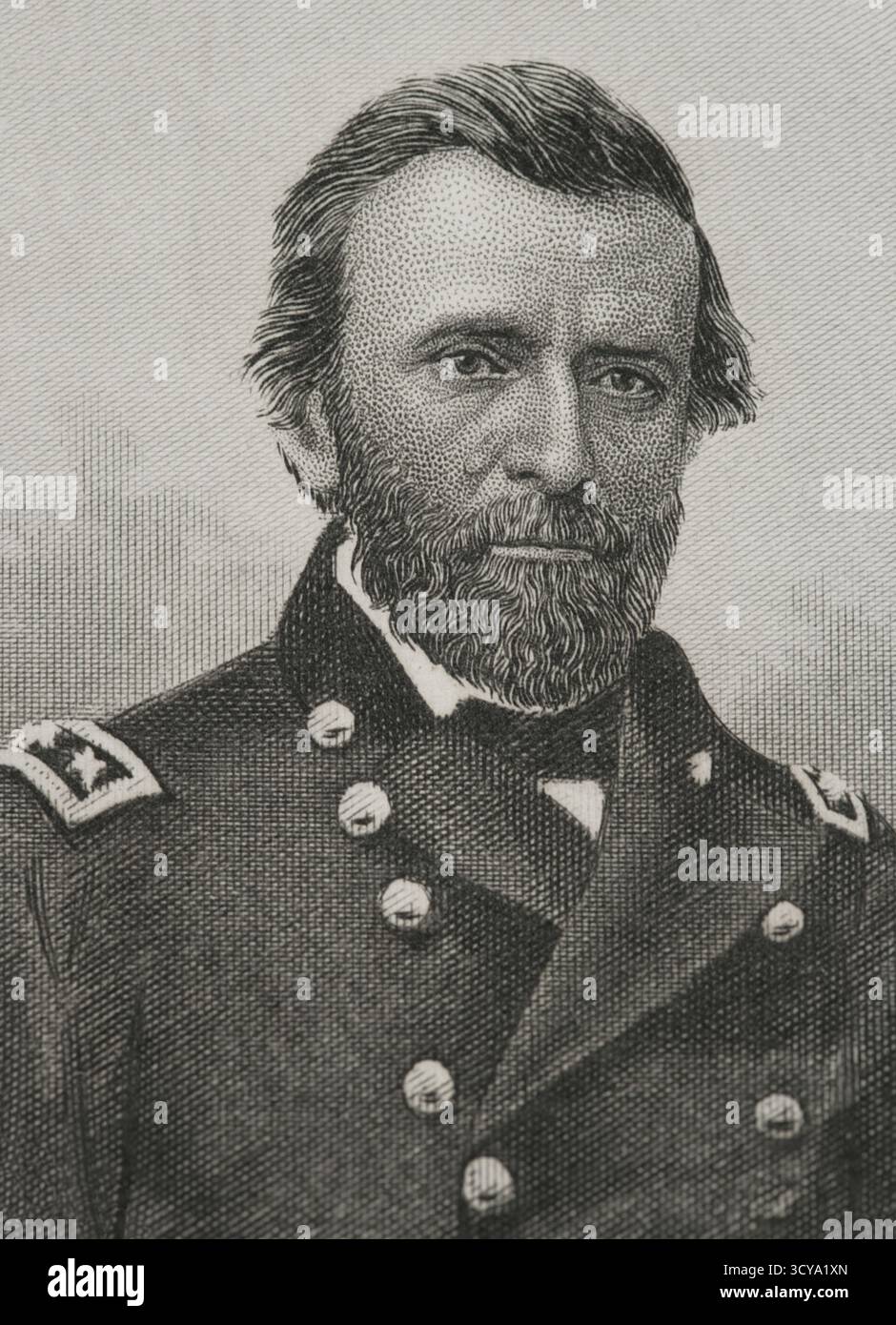 Ulysses S. Grant (1822-1885). Amerikanischer General und Politiker. 18. Präsident der Vereinigten Staaten (1869-1877). 1865 führte Grant als Commanding General der United States Army die Union Army zum Sieg im Amerikanischen Bürgerkrieg. Hochformat. Kupferstich von J.C. Buttre (1821-1893). Geschichte der Vereinigten Staaten von Amerika, von J. A. Spencer. Band III. Ausgabe in Barcelona, 1873. Stockfoto