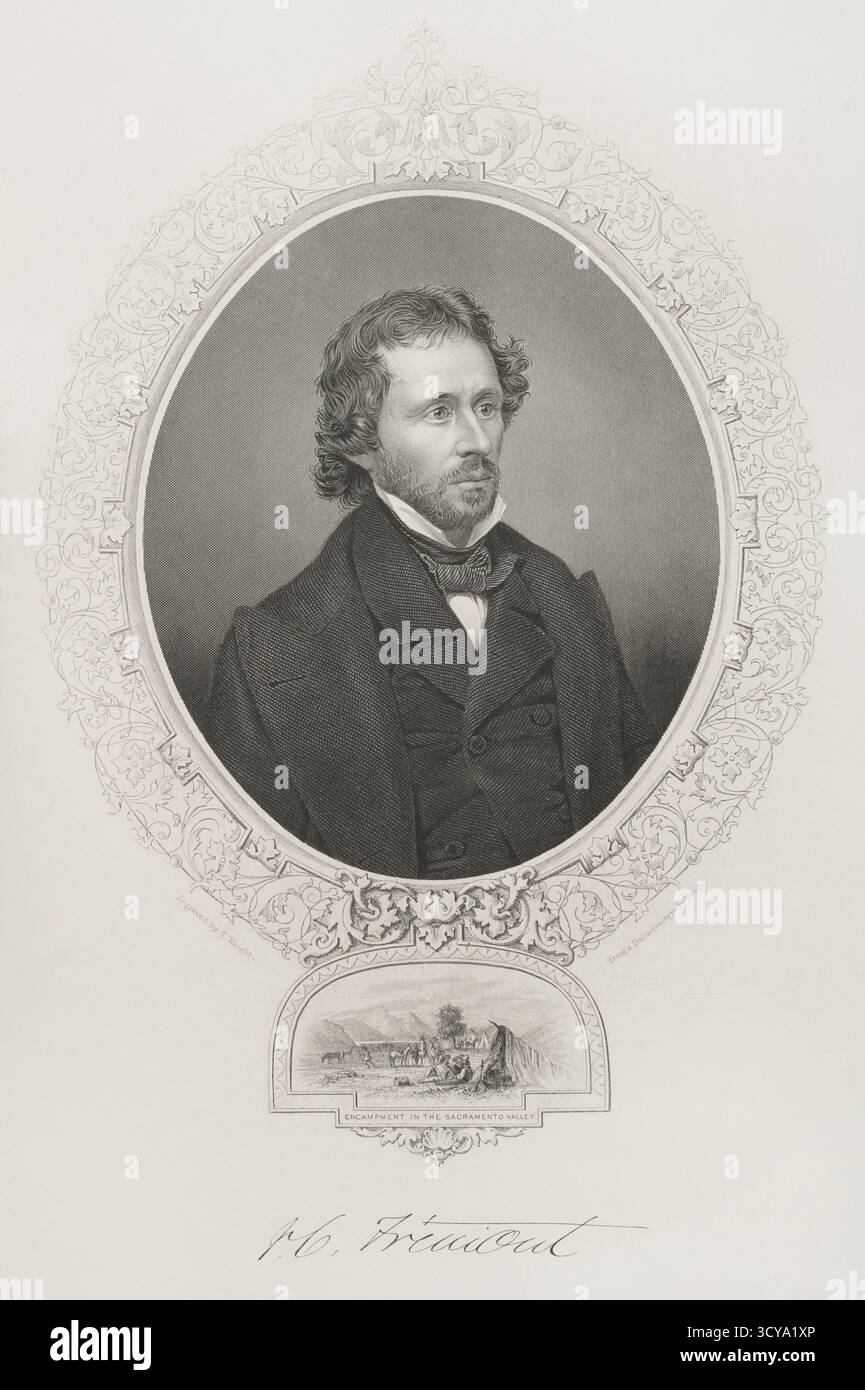 John C. Frémont (John Charles Frémont) (1813-1890). Amerikanischer General, Forscher und Politiker. US-Senator aus Kalifornien (1850–1851). Hochformat. Kupferstich von T. W. Knight (Fl. 1840-1860) nach einem Daguerrotypisieren von Mathew Brady (1822-1896). Geschichte der Vereinigten Staaten von Amerika, von J. A. Spencer. Band III. Ausgabe in Barcelona, 1873. Stockfoto