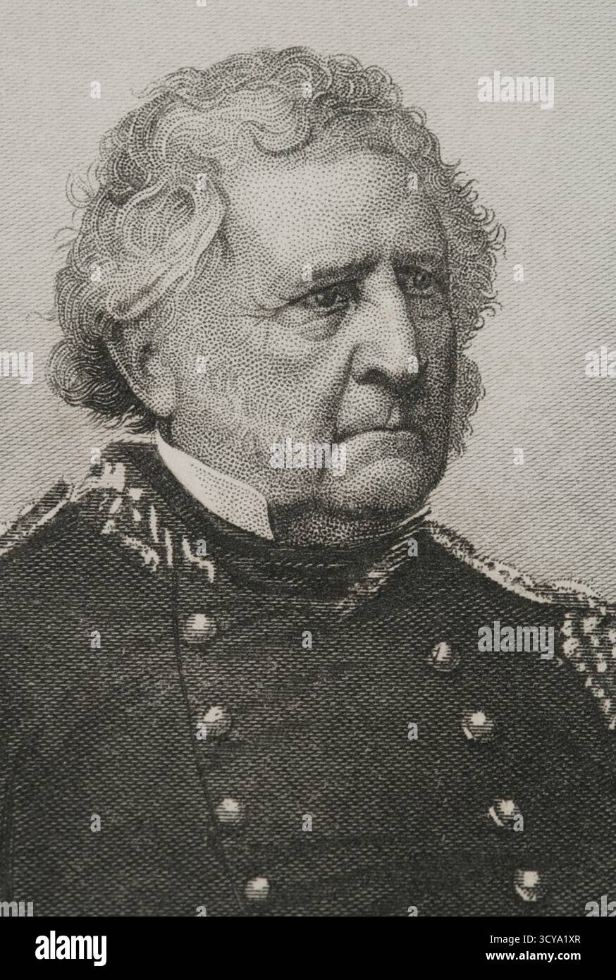 Winfield Scott (1786-1866). Befehlshaber der US-Armee (1841–1861) und Präsidentschaftskandidat bei den Wahlen 1852. General-in-Chief der Union Army zu Beginn des Amerikanischen Bürgerkriegs (1861–1865). Hochformat. Kupferstich von J.C. Buttre (1821-1893). Geschichte der Vereinigten Staaten von Amerika, von J. A. Spencer. Band III. Ausgabe in Barcelona, 1873. Stockfoto