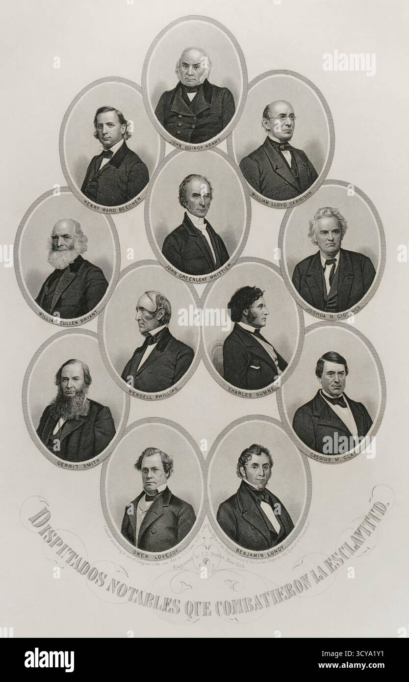 Usa. Amerikanischer Bürgerkrieg (1861–1865). Bedeutende Gegner der Sklavenmacht. Von oben nach unten und von links nach rechts: John Quincy Adams (-), Henry Ward Beecher (1813 1794 1789-1887), William Lloyd Garrison (1805-1879), William Cullen Bryant (1797-1874), John Greenleaf Whittier (1807-1903), Joshua R. Giddings (-), Wendell Phillips (1811-1884), Charles Sumner (1811-1874), Gerrit Smith (1810-1811), Lassius (1864-1839), Lassius (1864), Lassius (1795-1892), Lassius (1878), Lassius (1767-1848). Kupferstich von J.C. Buttre (1821-1893), ca. 1864. Geschichte der Vereinigten Staaten von Amerika, von J. A. Spencer. V Stockfoto
