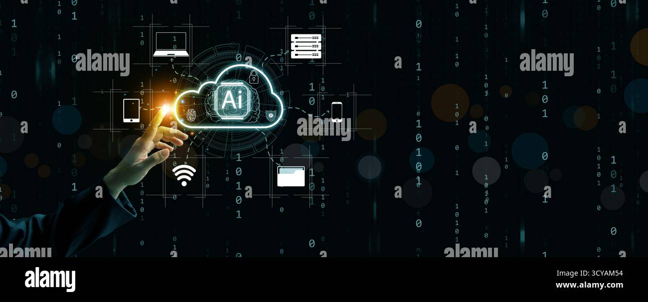 KI Cloud Computing und Integration von Big-Data-Netzwerken, die den sicheren Informationsaustausch, die Automatisierung und ein zukunftsweisendes digitales Kommunikationssystem veranschaulichen. Stockfoto