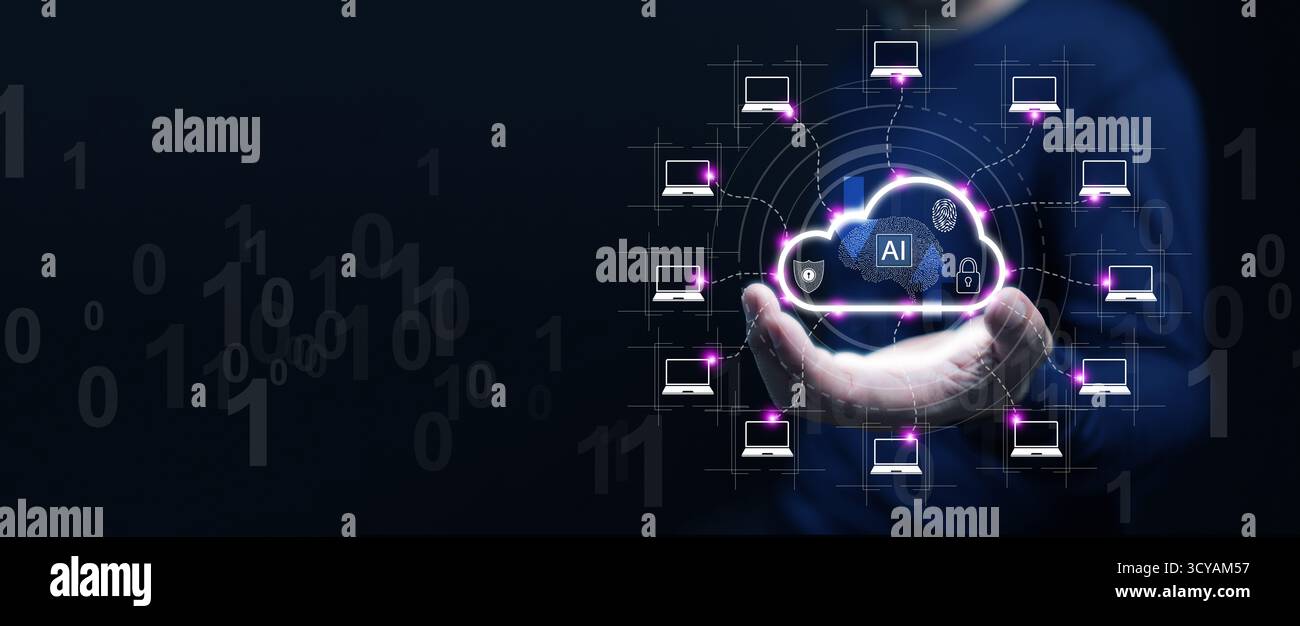KI-Cloud-Computing-Konzept mit digitalen Geräten und sicherem Datenaustausch symbolisiert intelligente Netzwerkinfrastruktur und moderne Geschäftslösungen. Stockfoto