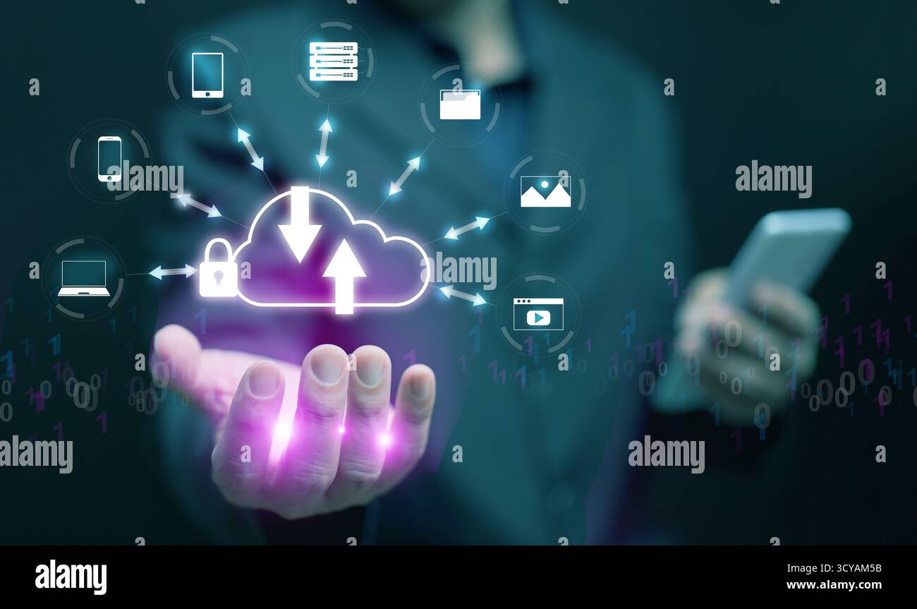 Innovatives Cloud-Speicher- und Datensynchronisationssystem, das sichere Online-Kommunikation und digitale Transformation für moderne Geschäftslösungen symbolisiert Stockfoto