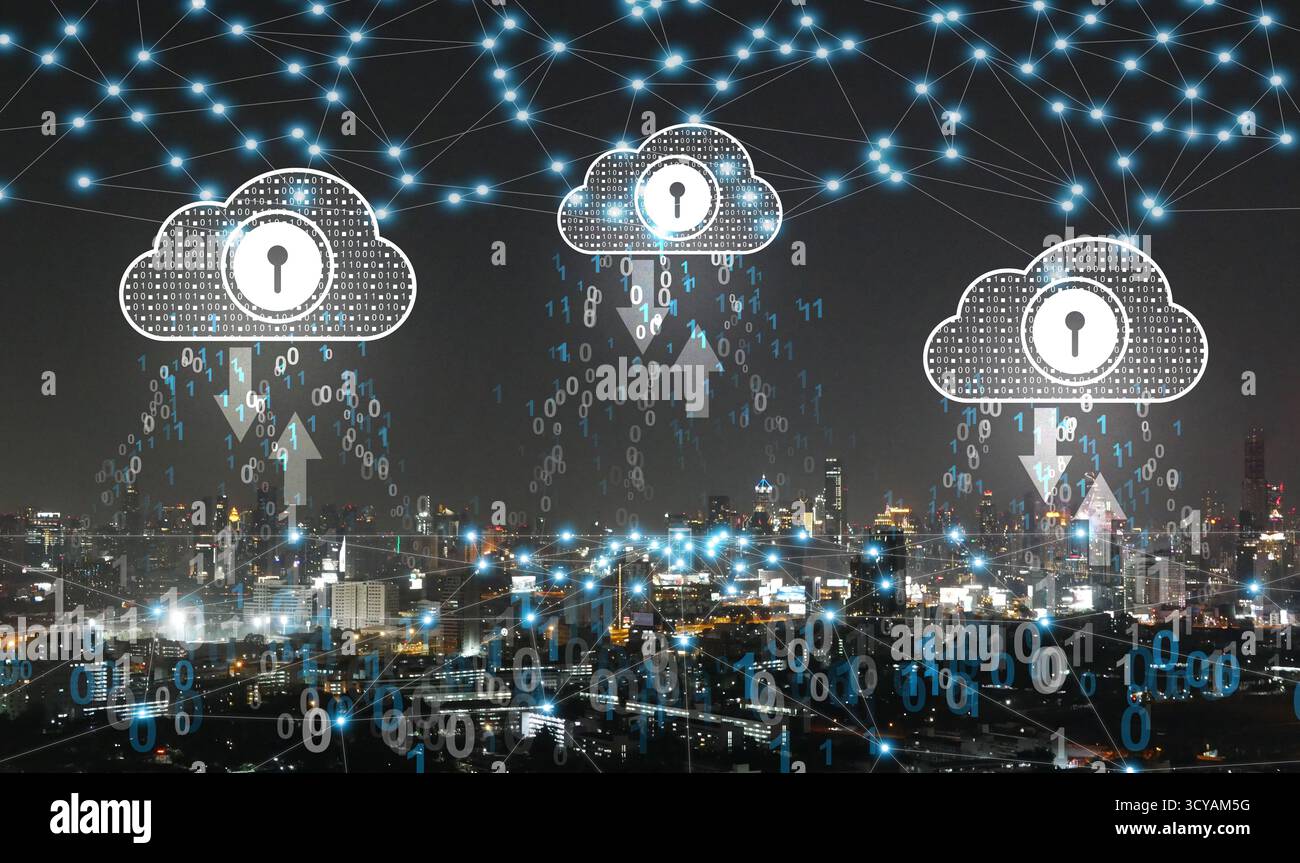 Sicheres Cloud-Computing- und Datenschutzsystem zur Visualisierung von Binärcode, Informationsfluss und moderner Smart City-Netzwerktechnologie für digitale übertragungen Stockfoto