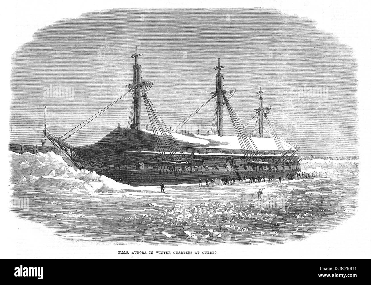 HMS Aurora im Winterquartier in Quebec, Kanada, 1867. Sie wurde 1866 eingesetzt, um britische Interessen in Kanada während der kanadischen Fenianer zu verteidigen. Stockfoto