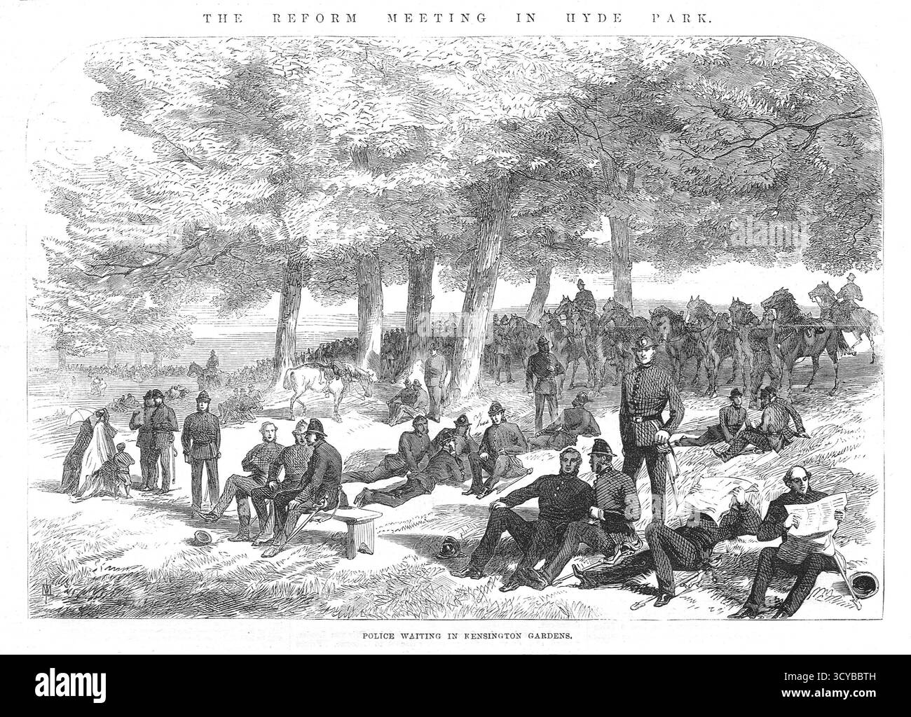Das Reformtreffen im Hyde Park, 6. Mai 1867. Die Polizei wartet in Kensington Gardens Stockfoto
