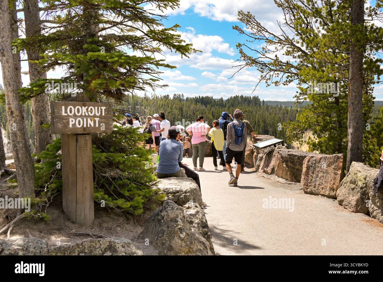 Yellowstone, Wyoming, USA - 30. Mai 2025: Menschen an einem der Aussichtspunkte für den Grand Canyon des Yellowstone National Park. Stockfoto