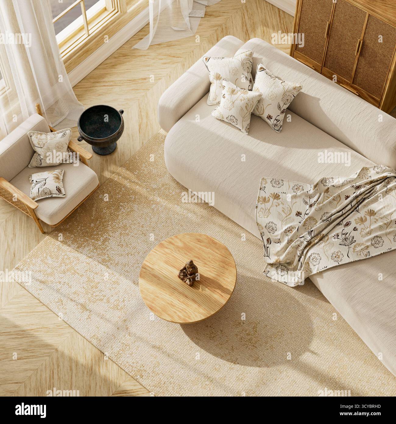 Helles Wohnzimmer mit beigefarbenem Sofa, Holzmöbeln, neutralen Farbtönen und Tageslicht, perfekter minimalistischer Stil. Modernes Wohnzimmer. 3D-Abbildung Stockfoto